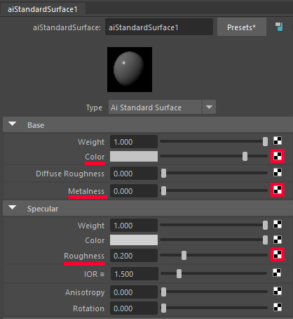 Location of BaseColor, Roughness, and Metallic properties in the aiStandardSurface Arnold material.